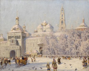 Winter landscape with figures outside the city